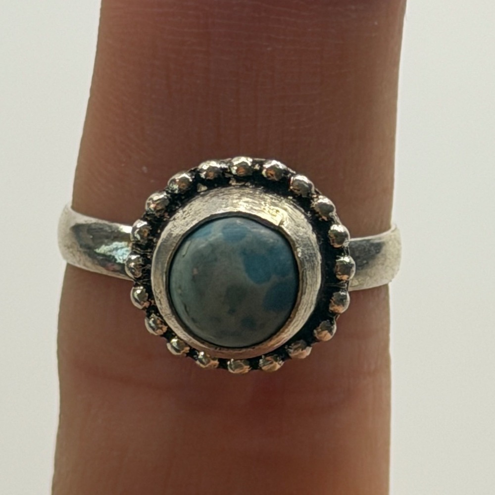 Silver Tone Larimer Round Beaded Halo Ring Size 8 Blue Gemstone Boho Minimalist - Picture 4 of 6